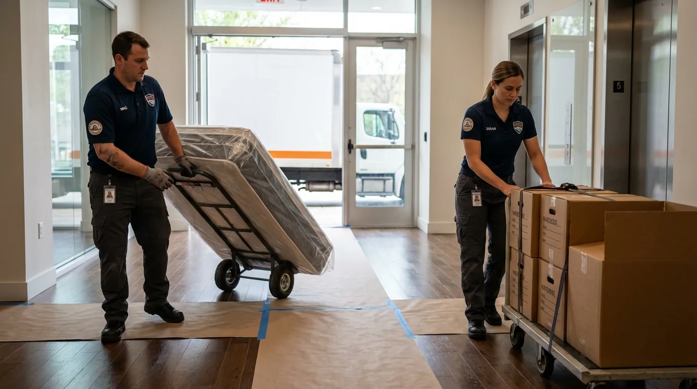 Professional apartment movers loading elevator in Winchester, TN